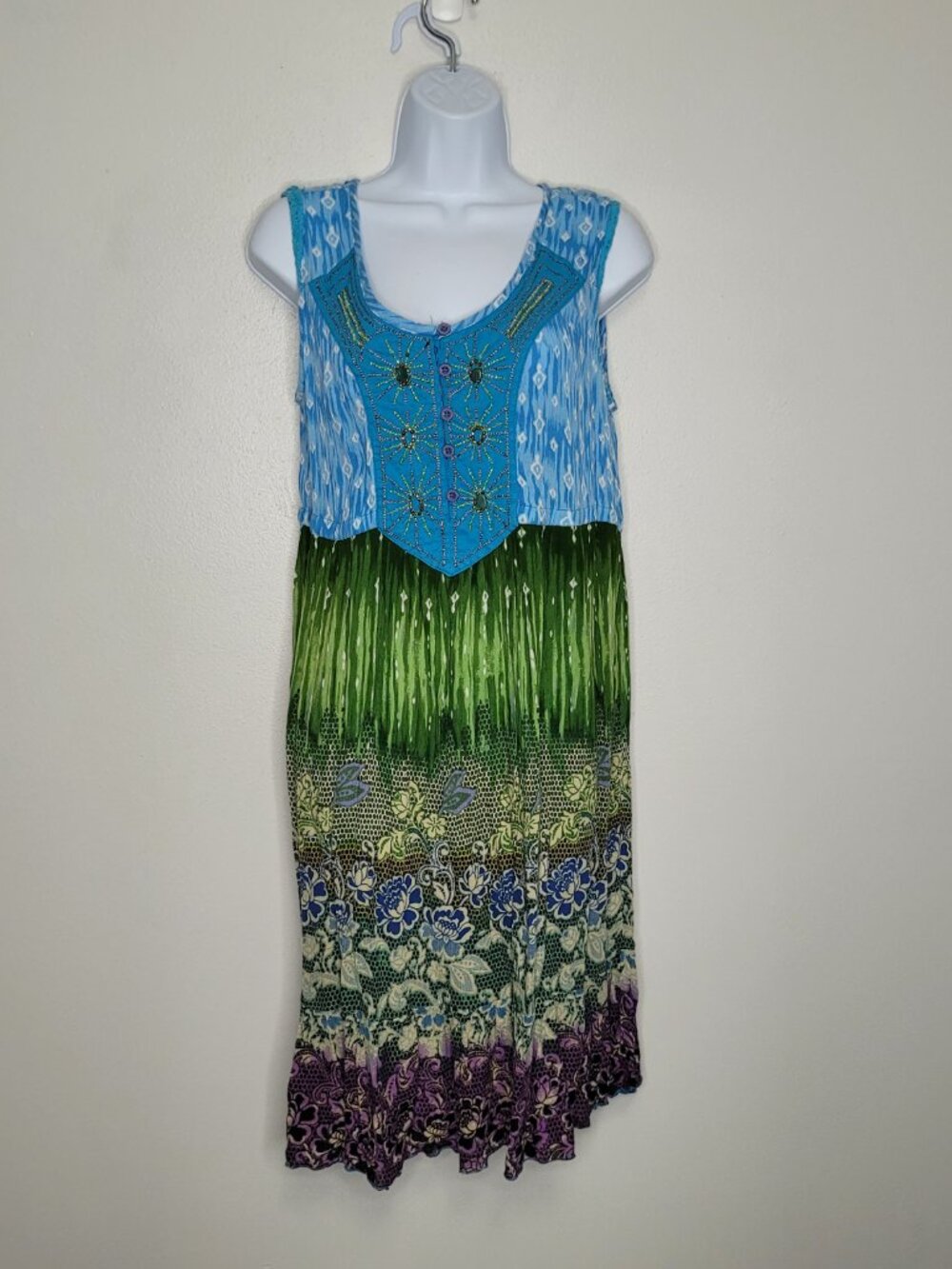 Forbidden green blue grunge fairy beaded funky unique midi dress size medium